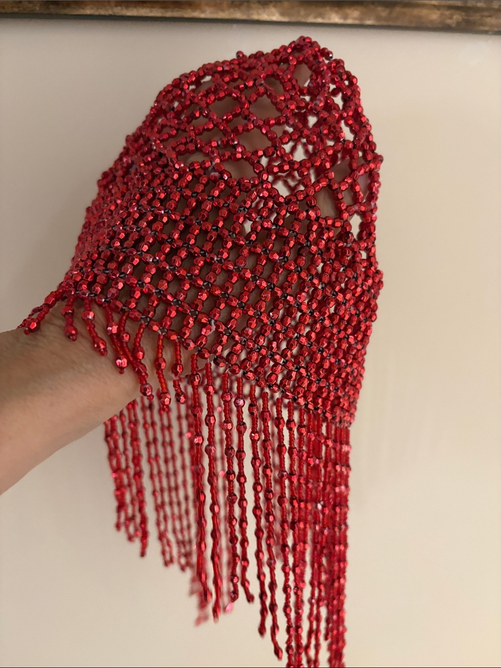 Red Beaded Fringe Flapper Cap, Roaring Twenties